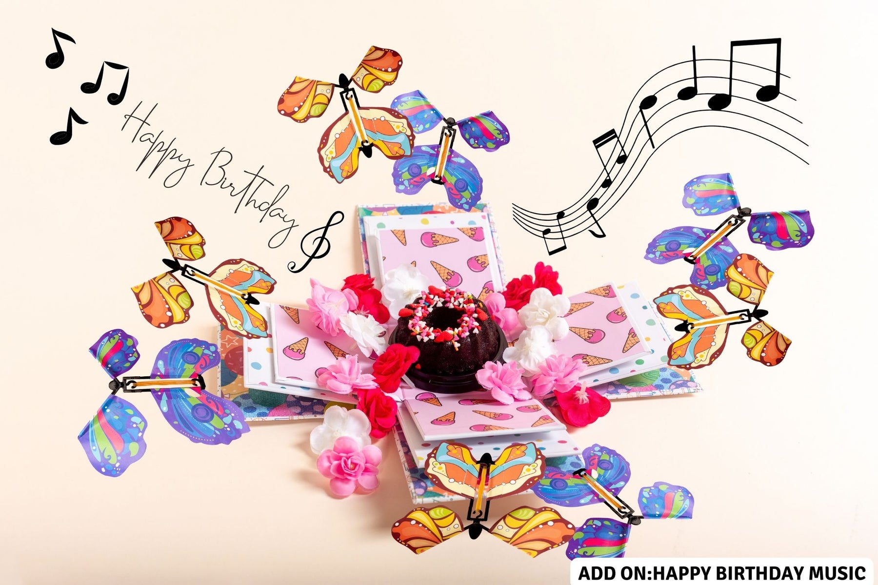 Butterfly Explosion Box with Cake, Flowers, Goodies , music - the Perfect Surprise Gift from SWEET SURPRISES SG